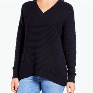 Caslon Cable-Knit Sweater Women EXTRA SMALL Black V-Neck Long Sleeves Pullover
